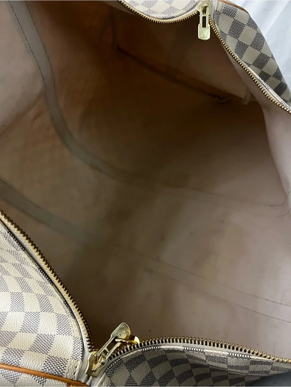 Louis Vuitton Damier Azur Canvas Duffel in Cream and Tan Leather